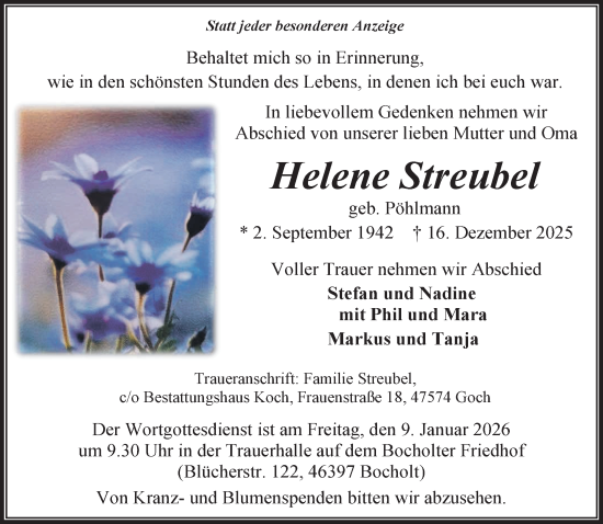 Traueranzeige von Helene Streubel von NNA
