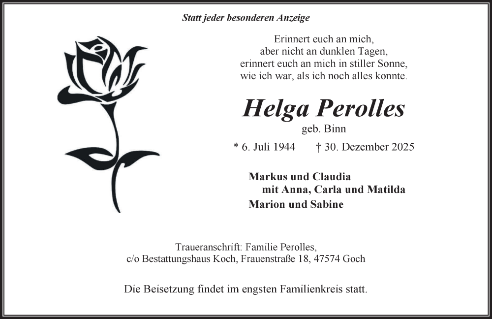  Traueranzeige für Helga Perolles vom 17.01.2026 aus NNA
