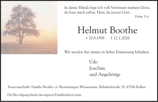 Traueranzeige von Helmut Boothe von NNA
