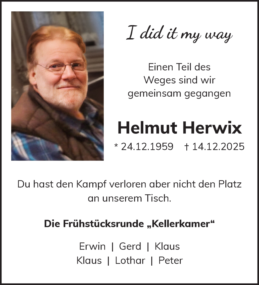  Traueranzeige für Helmut Herwix vom 17.01.2026 aus NNA
