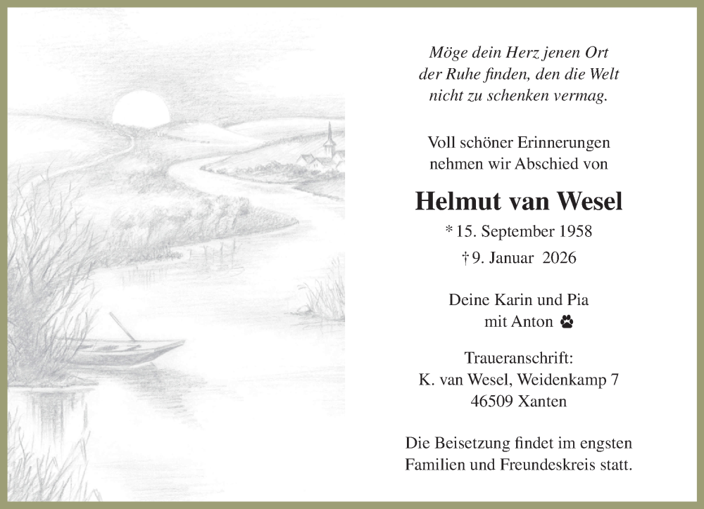  Traueranzeige für Helmut van Wesel vom 17.01.2026 aus NNA