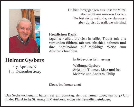 Traueranzeige von Helmut Anton Gysbers von NNA