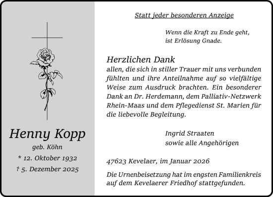 Traueranzeige von Henny Kopp von NNA