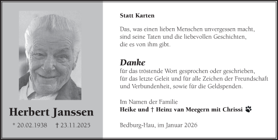 Traueranzeige von Herbert Janssen von NNA