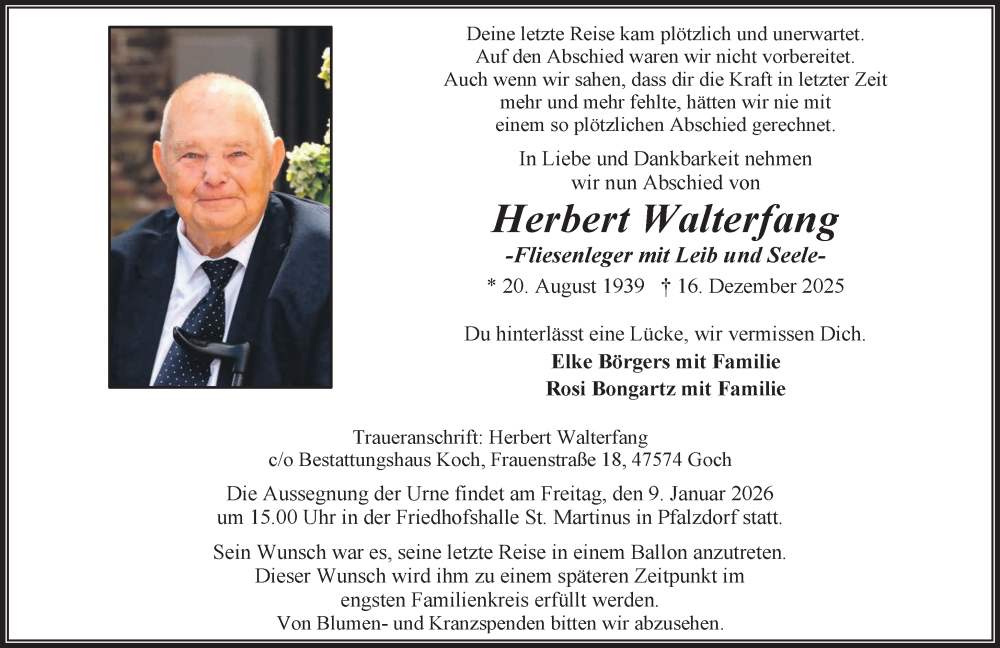  Traueranzeige für Herbert Walterfang vom 03.01.2026 aus NNA