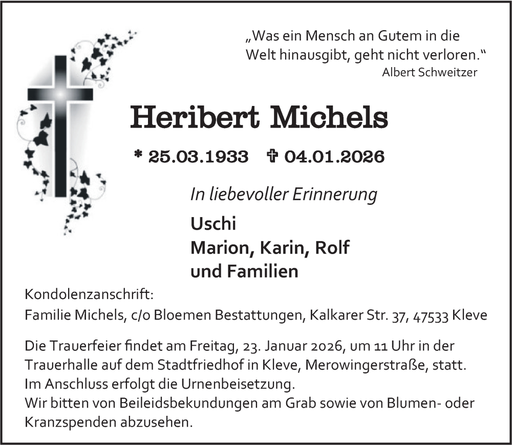  Traueranzeige für Heribert Michels vom 17.01.2026 aus NNA