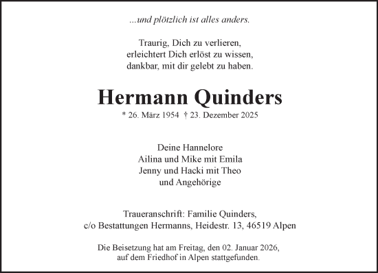 Traueranzeige von Hermann Quinders von NNA