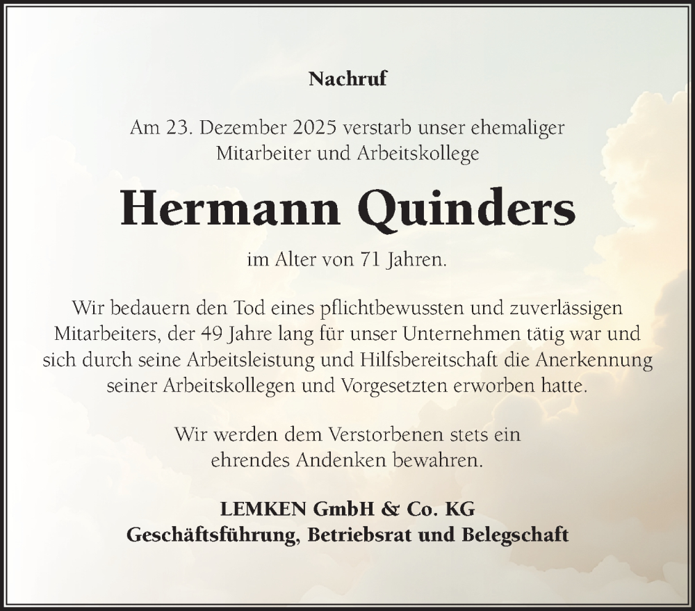  Traueranzeige für Hermann Quinders vom 10.01.2026 aus NNA
