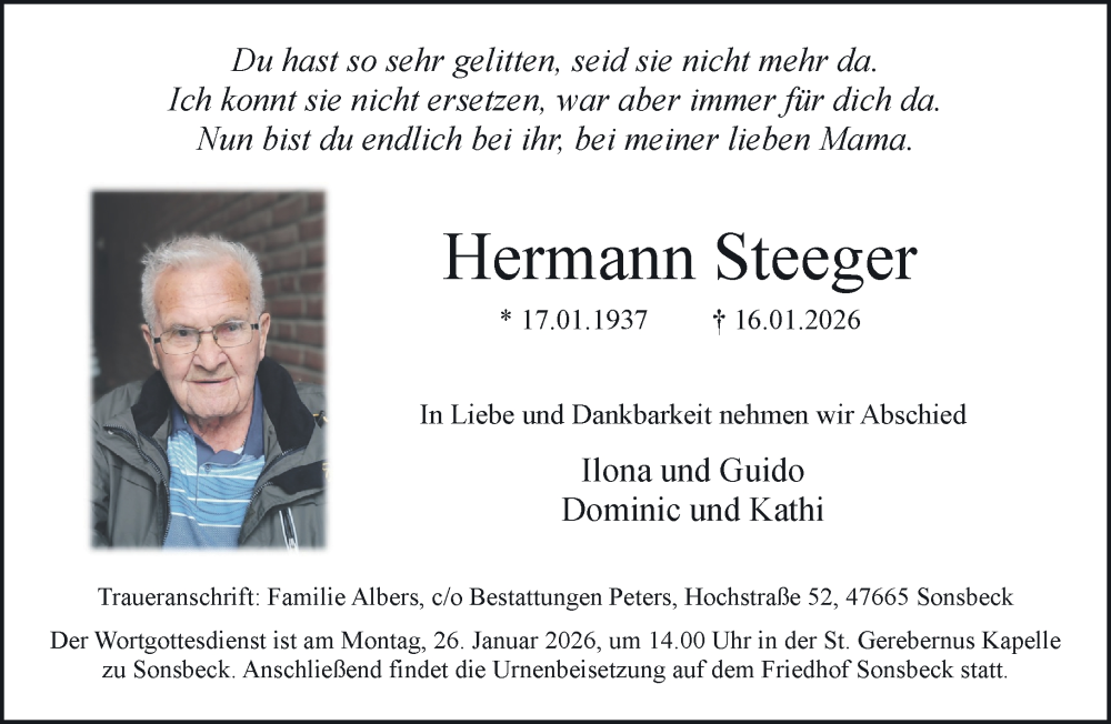  Traueranzeige für Hermann Steeger vom 24.01.2026 aus NNA
