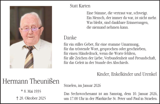 Traueranzeige von Hermann Theunißen von NNA