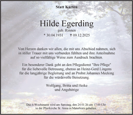 Traueranzeige von Hilde Egerding von NNA