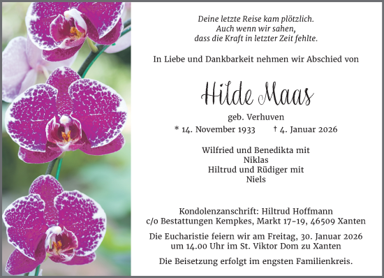 Traueranzeige von Hilde Maas von NNA
