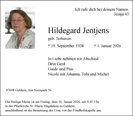 Traueranzeige von Hildegard Jentjens von NNA