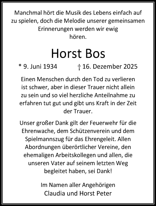 Traueranzeige von Horst Bos von NNA