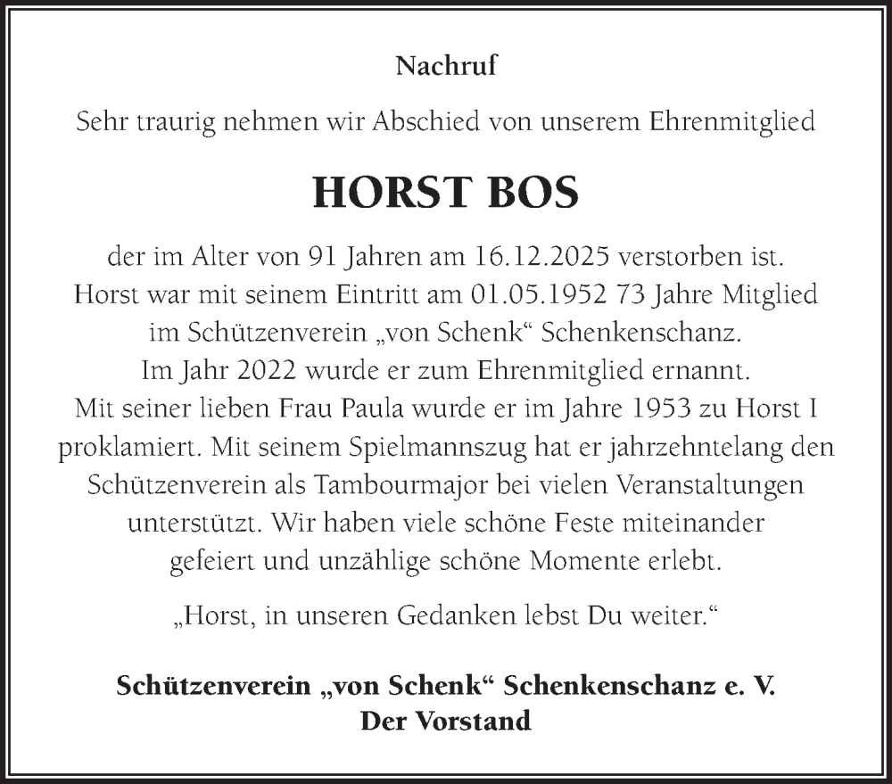  Traueranzeige für Horst Bos vom 10.01.2026 aus NNA