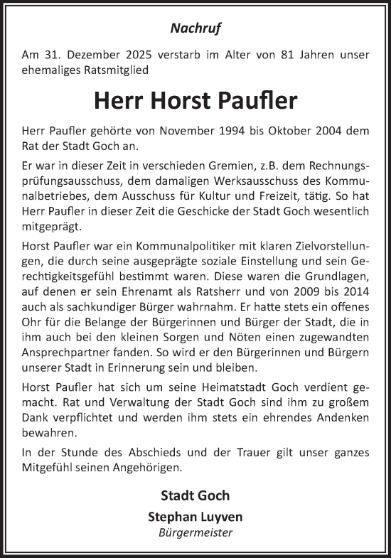 Traueranzeige von Horst Paufler von NNA