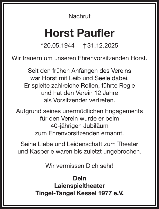 Traueranzeige von Horst Paufler von NNA