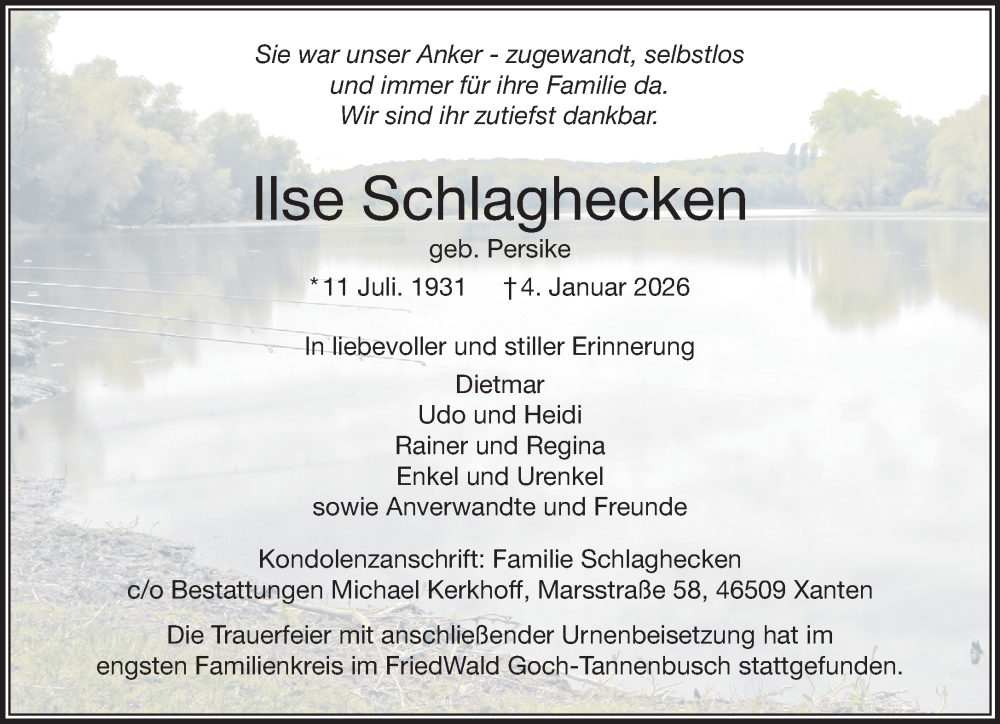  Traueranzeige für Ilse Schlaghecken vom 31.01.2026 aus NNA