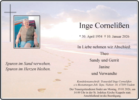 Traueranzeige von Inge Cornelißen von NNA