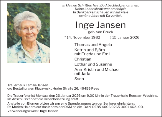 Traueranzeige von Inge Jansen von NNA