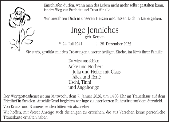 Traueranzeige von Inge Jenniches von NNA