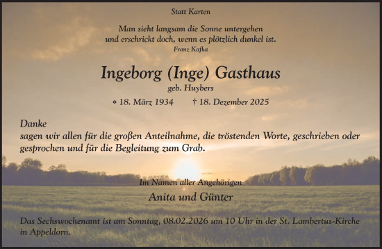 Traueranzeige von Ingeborg Gasthaus von NNA