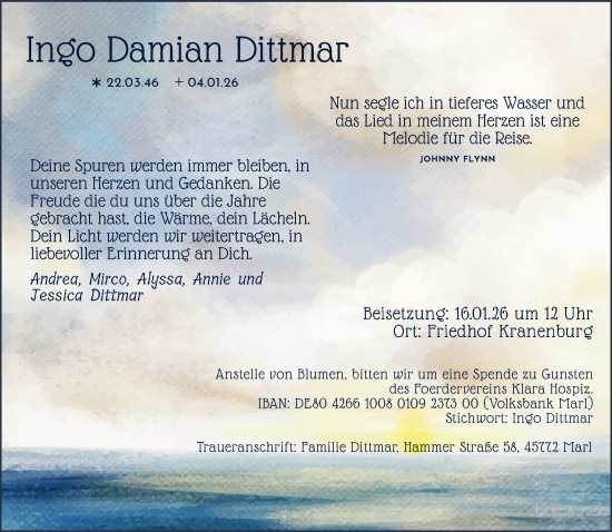 Traueranzeige von Ingo Damian Dittmar von NNA