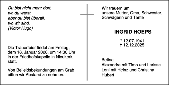 Traueranzeige von Ingrid Hoeps von NNA