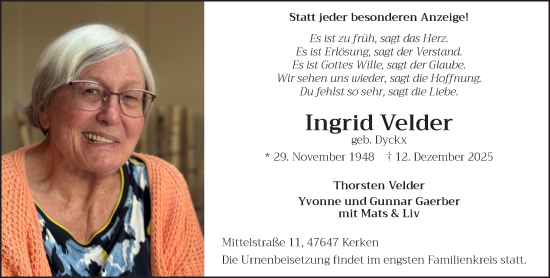 Traueranzeige von Ingrid Velder von NNA