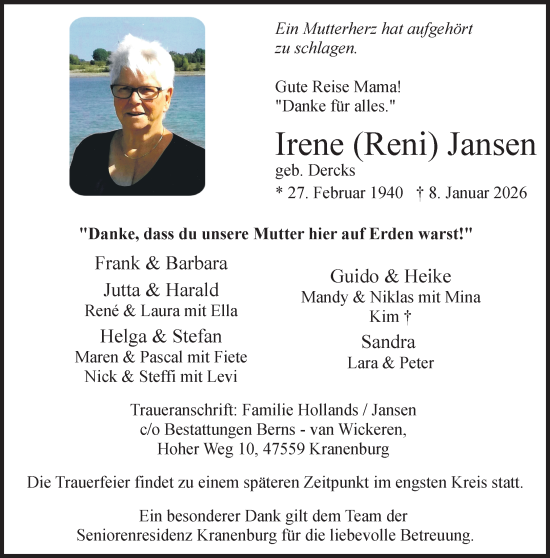 Traueranzeige von Irene Jansen von NNA