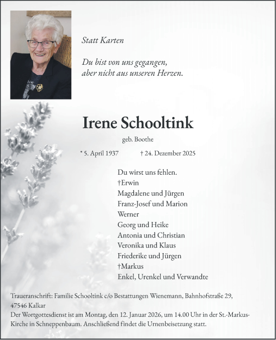 Traueranzeige von Irene Schooltink von NNA