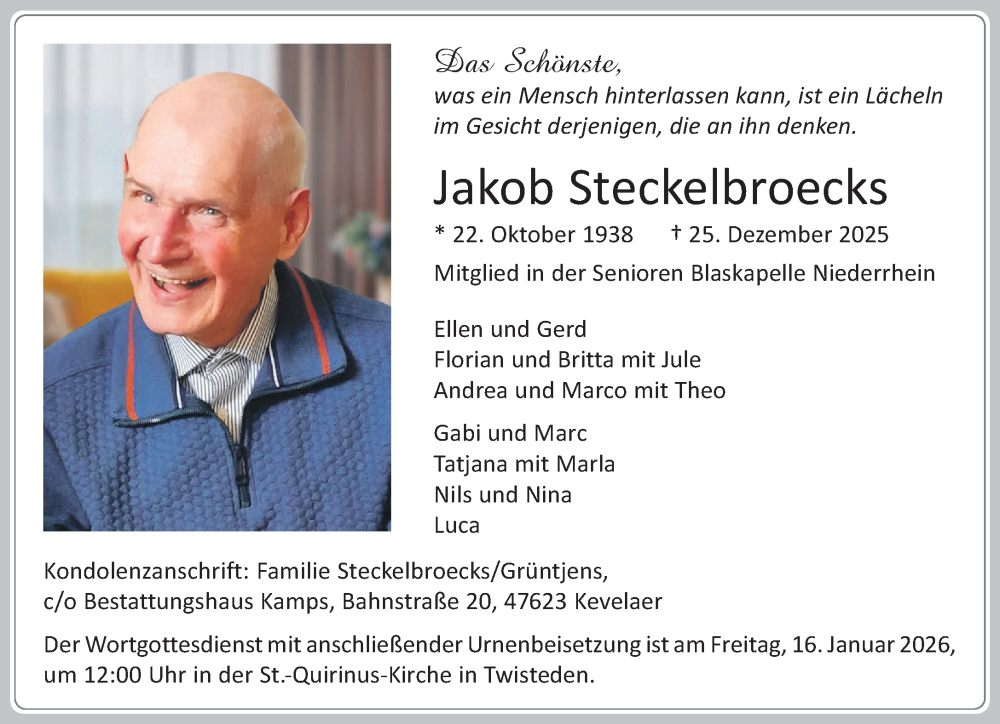  Traueranzeige für Jakob Steckelbroecks vom 10.01.2026 aus NNA
