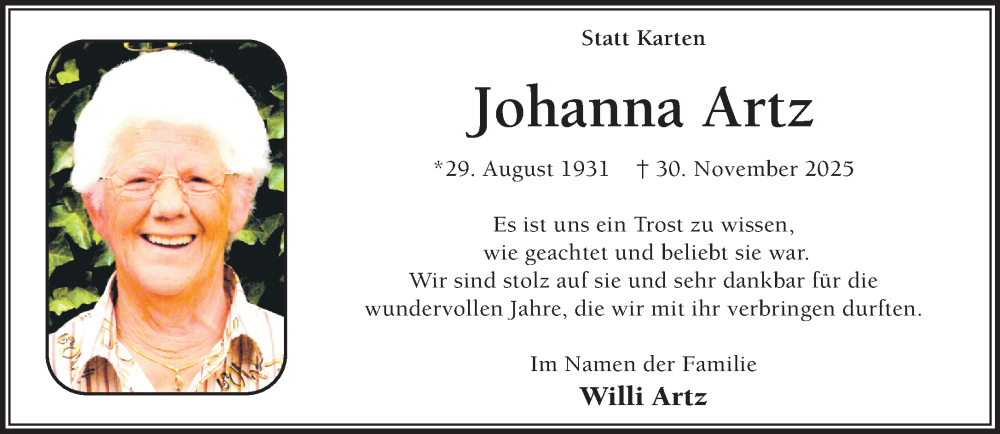  Traueranzeige für Johanna Artz vom 17.01.2026 aus NNA