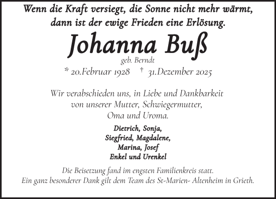 Traueranzeige von Johanna Buß von NNA
