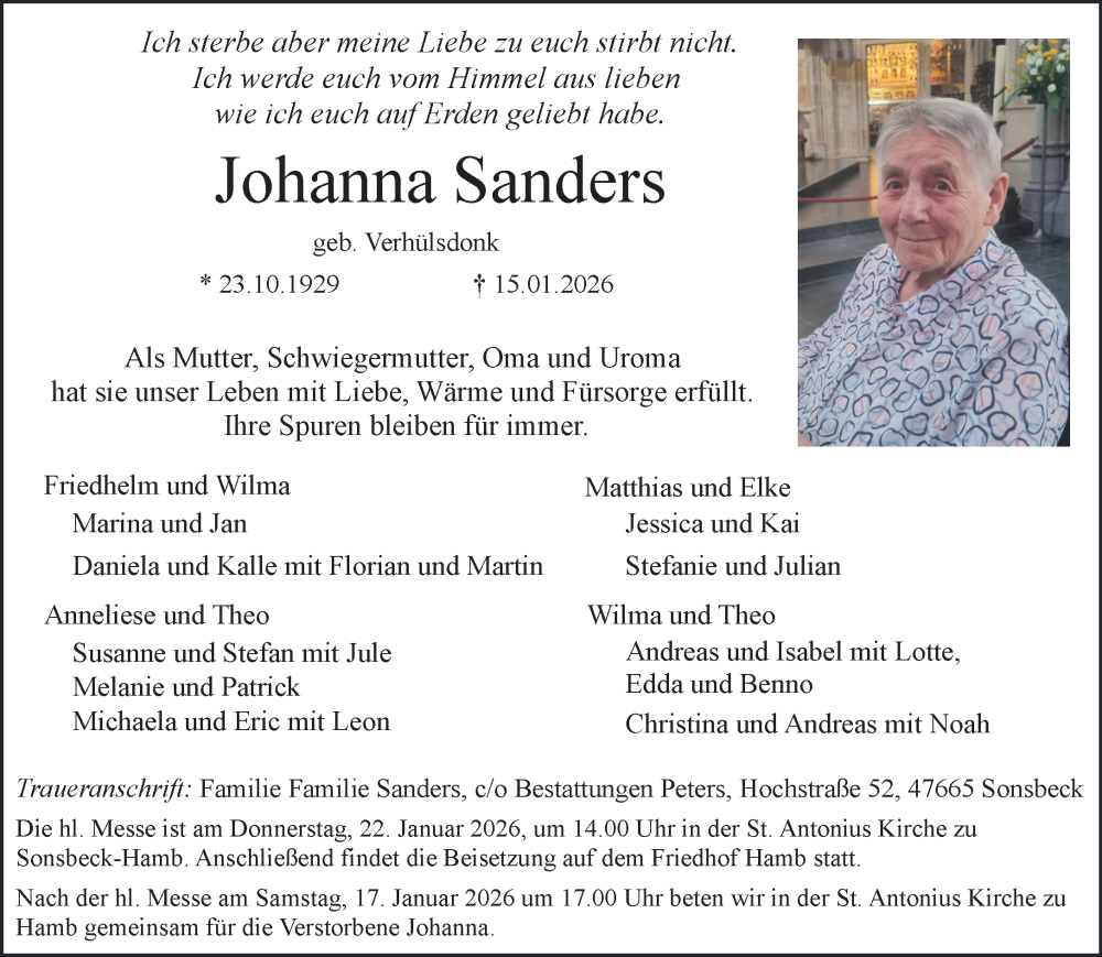  Traueranzeige für Johanna Sanders vom 17.01.2026 aus NNA