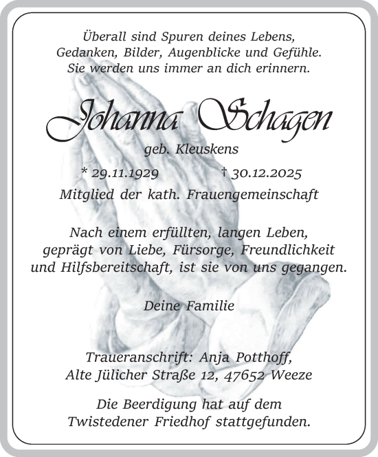 Traueranzeige von Johanna Schagen von NNA