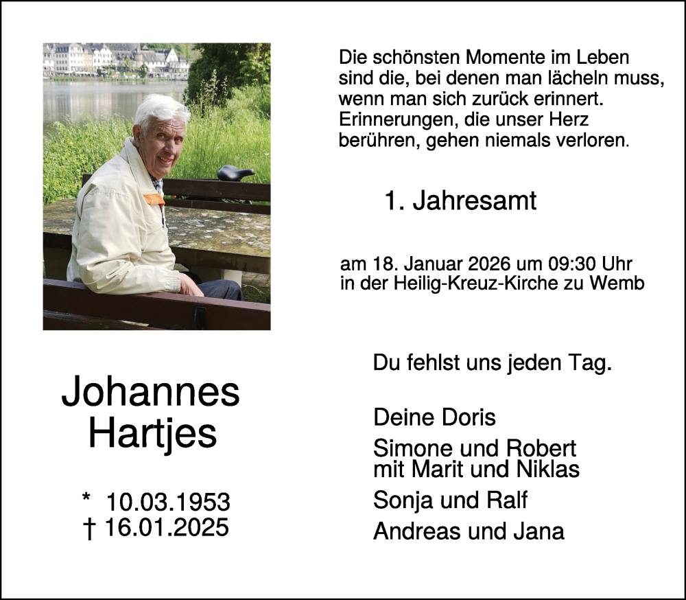  Traueranzeige für Johannes Hartjes vom 10.01.2026 aus NNA