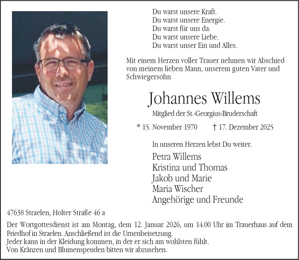  Traueranzeige für Johannes Willems vom 10.01.2026 aus NNA