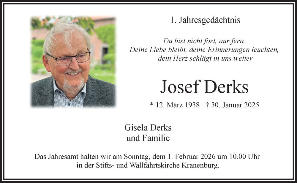  Traueranzeige für Josef Derks vom 24.01.2026 aus NNA