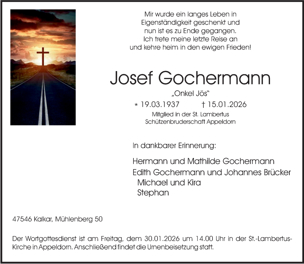  Traueranzeige für Josef Gochermann vom 24.01.2026 aus NNA