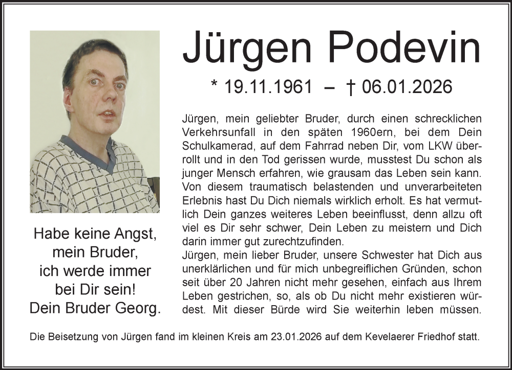  Traueranzeige für Jürgen Podevin vom 24.01.2026 aus NNA