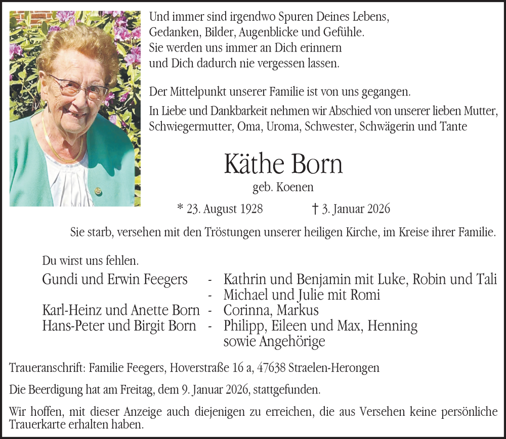 Traueranzeige für Käthe Born vom 10.01.2026 aus NNA