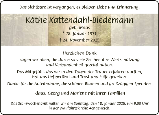 Traueranzeige von Käthe Kattendahl-Biedemann von NNA
