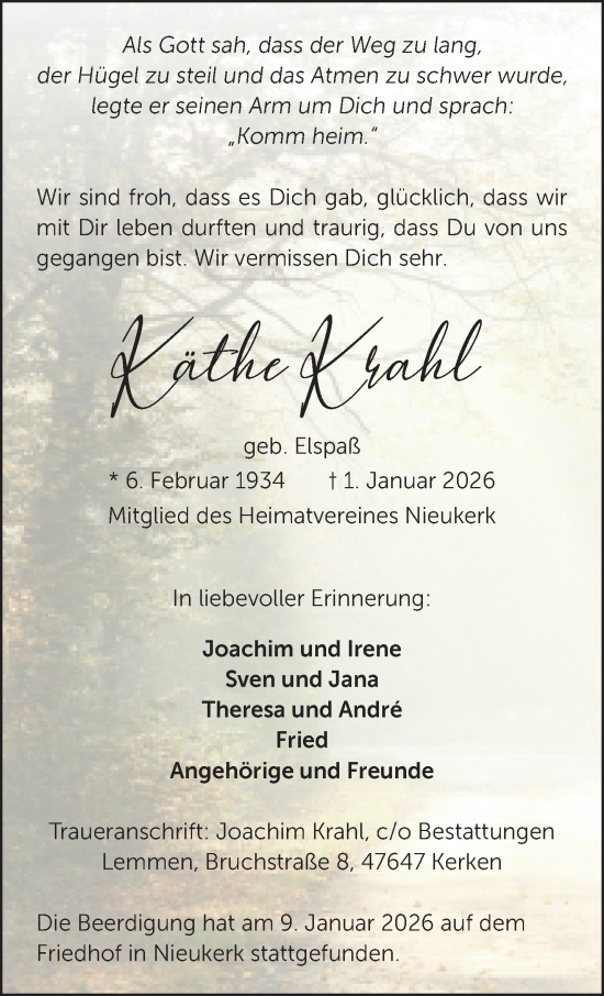 Traueranzeige von Käthe Krahl von NNA