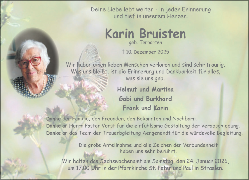  Traueranzeige für Karin Bruisten vom 17.01.2026 aus NNA
