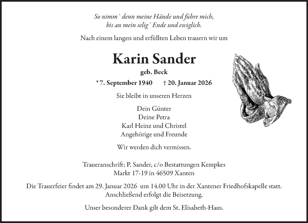  Traueranzeige für Karin Sander vom 24.01.2026 aus NNA