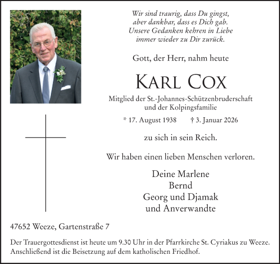 Traueranzeige von Karl Cox von NNA