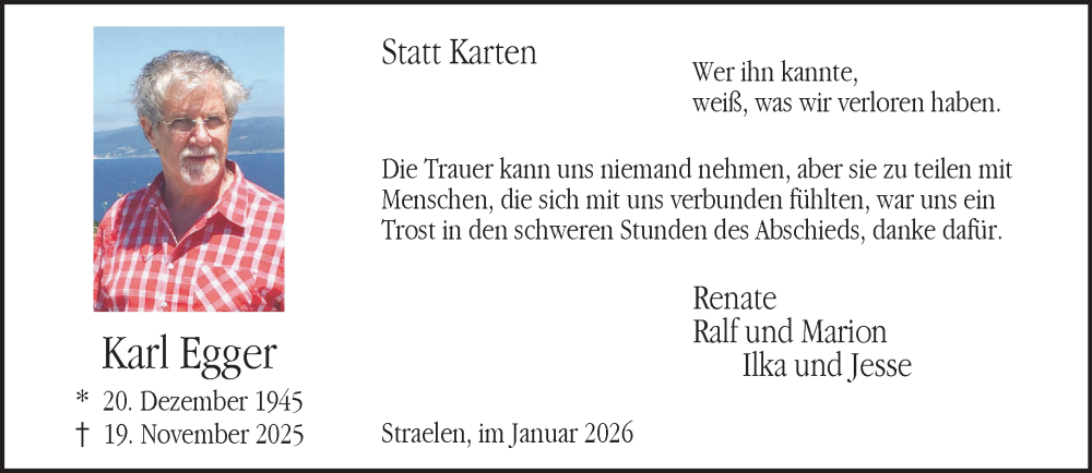  Traueranzeige für Karl Egger vom 24.01.2026 aus NNA
