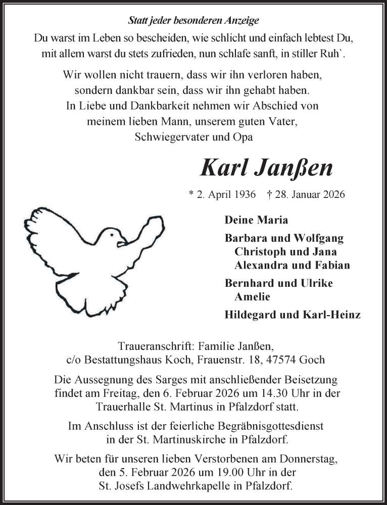  Traueranzeige für Karl Janßen vom 31.01.2026 aus NNA