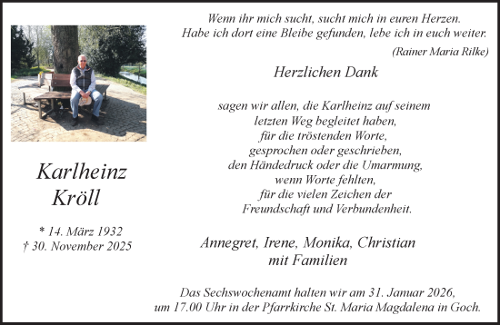Traueranzeige von Karlheinz Kröll von NNA